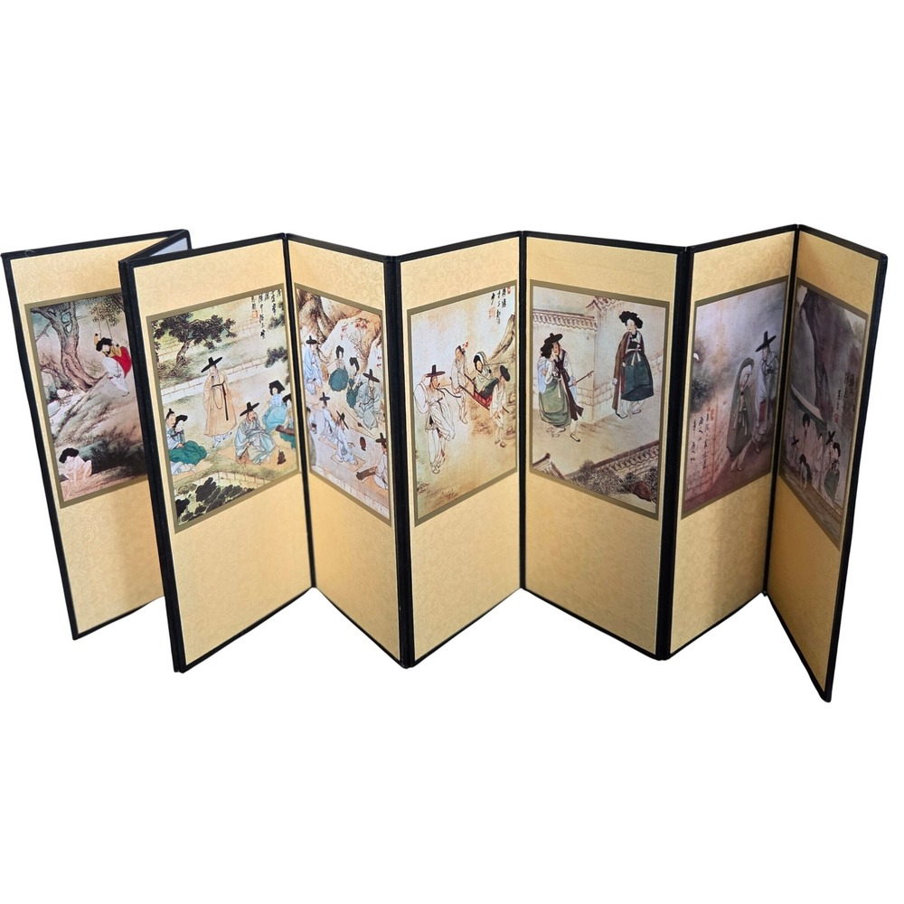 Vintage Korean 8 Panel Miniature Folding Screen Byeongpung Folk Art Scenes